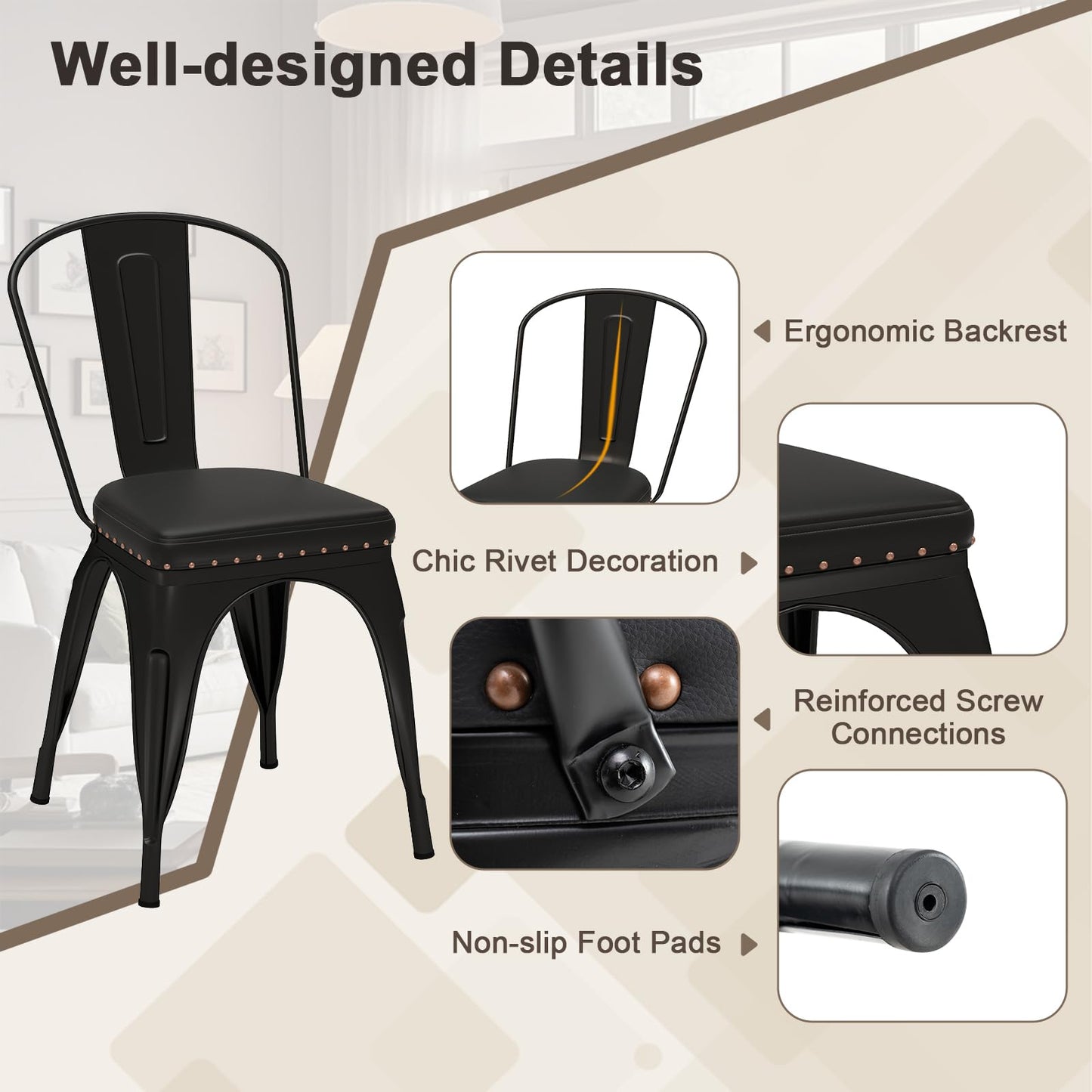 Metal Dining Chair Set of 4 with Removable Backs and PU Leather Cushioned Seat