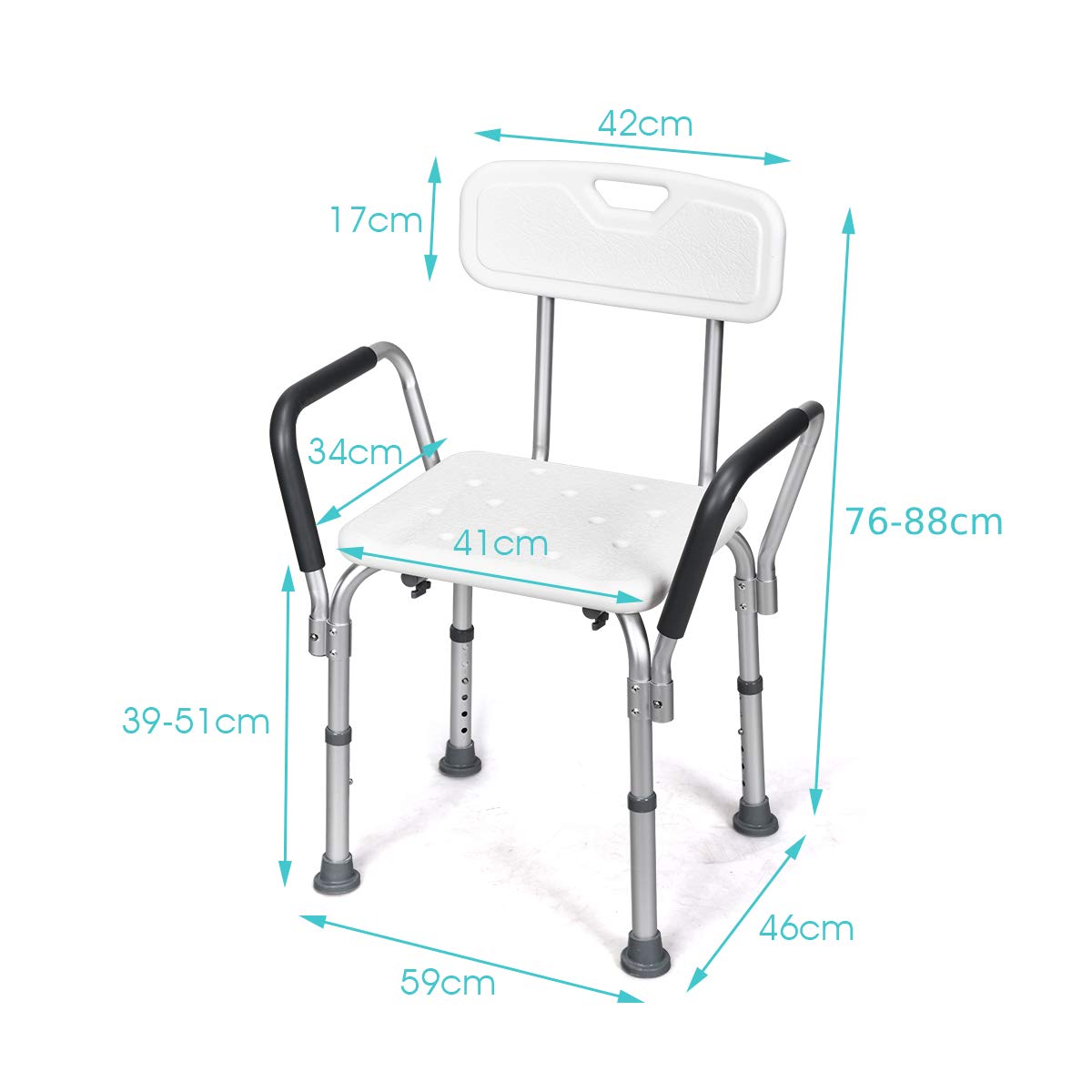 6 Levels Adjustable Tub Shower Stools with Detachable Backrest and Handrails