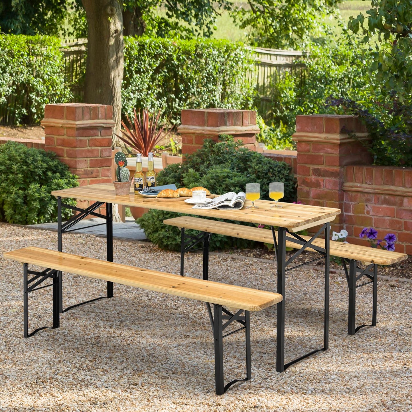 3 Pieces Folding Picnic Table and Bench Set Wooden Beer Table Set