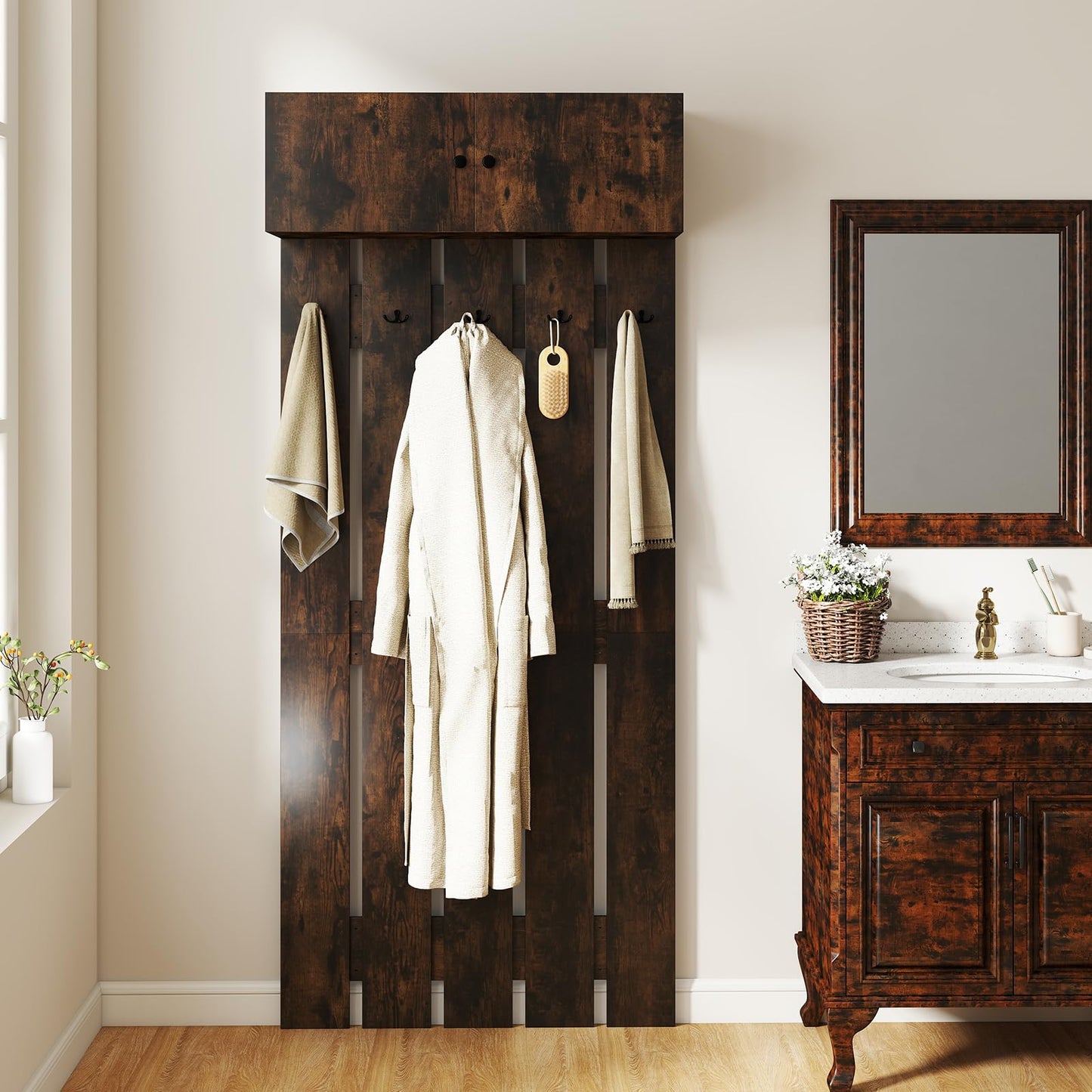 90cm Entryway Wall Mounted Coat Hooks with Shelf 2-Door Cabinet