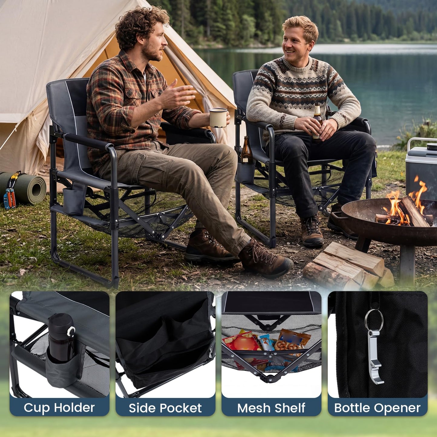 Folding Directors Chair, Oversized Camping Chairs (Black+Gray) | Cup Holder, Side Pocket, Bottle Opener