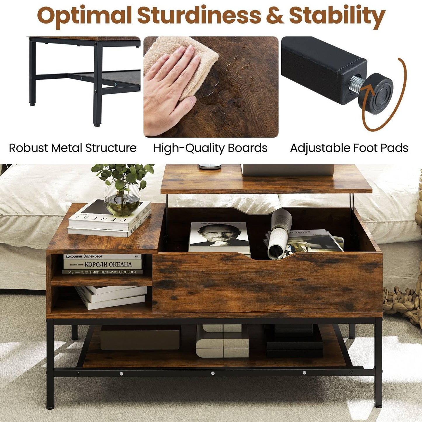 Lift Top Coffee Table with Hidden Compartment and Removable Shelf