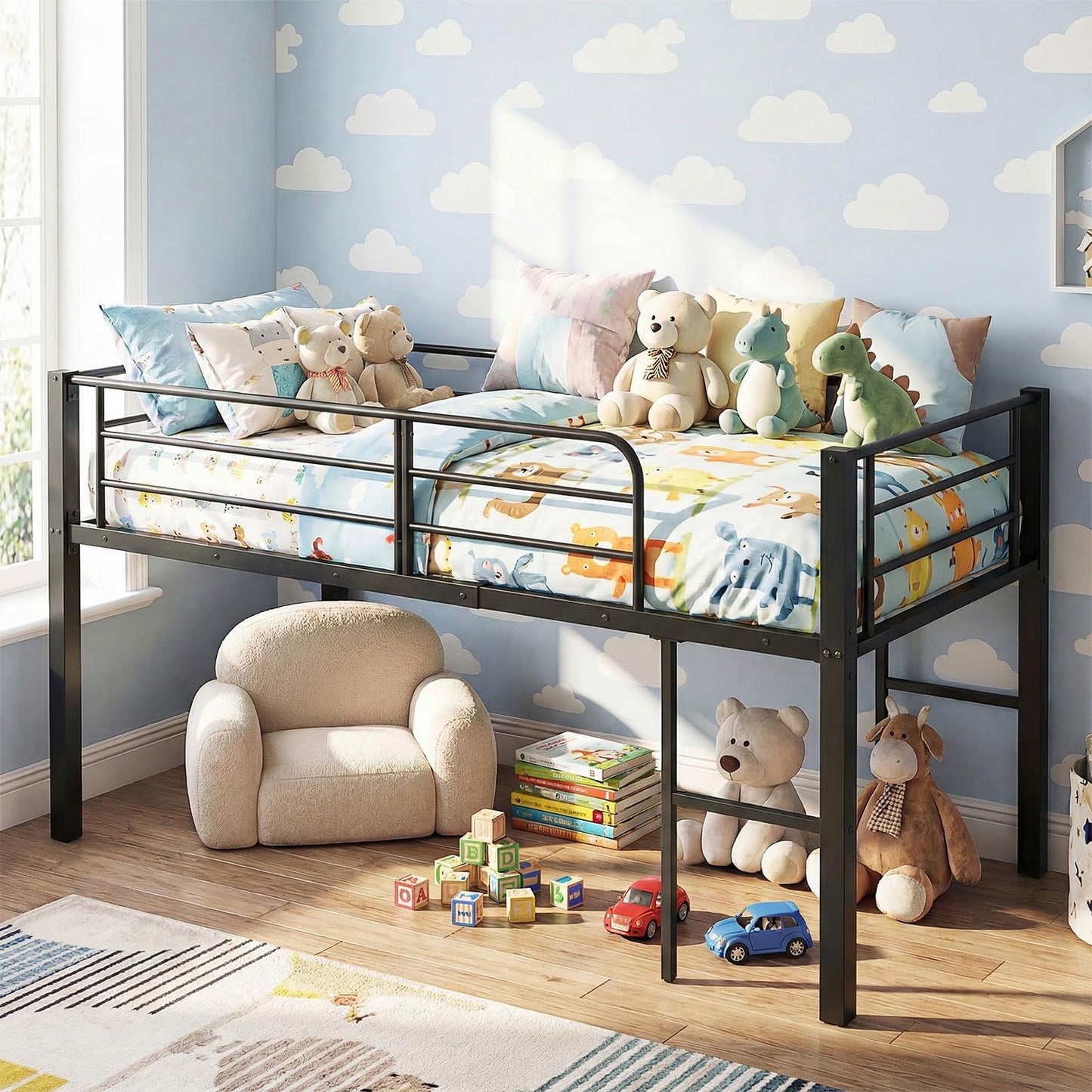 Single Size Low Loft Bed Metal Bed Frame with Safety Guardrails and 2 Ladders