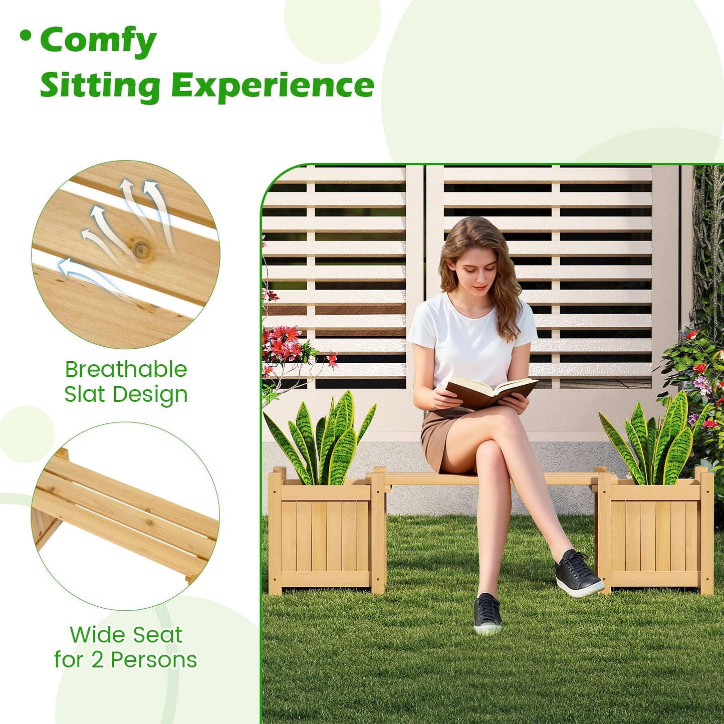 3-in-1 Wooden Planter, Raised Garden Bed, Teak Oil Finish Outdoor Flower Box