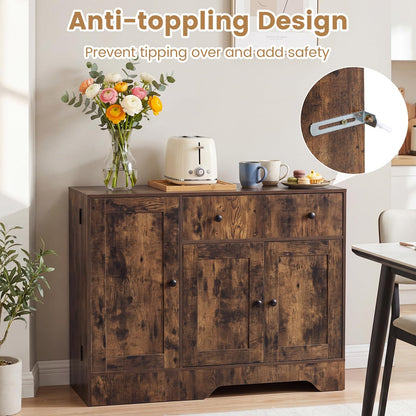 Storage Cabinet with 3 Doors, 3-Tier Side Rack & Lockable Wheel