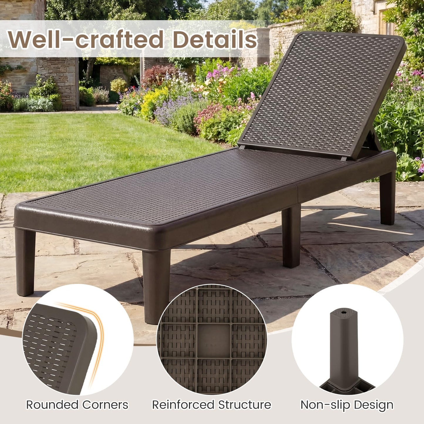 Garden Sun Lounger, PP Rattan-Style Patio Reclining Chaise Lounge Chair Deck Sunbed