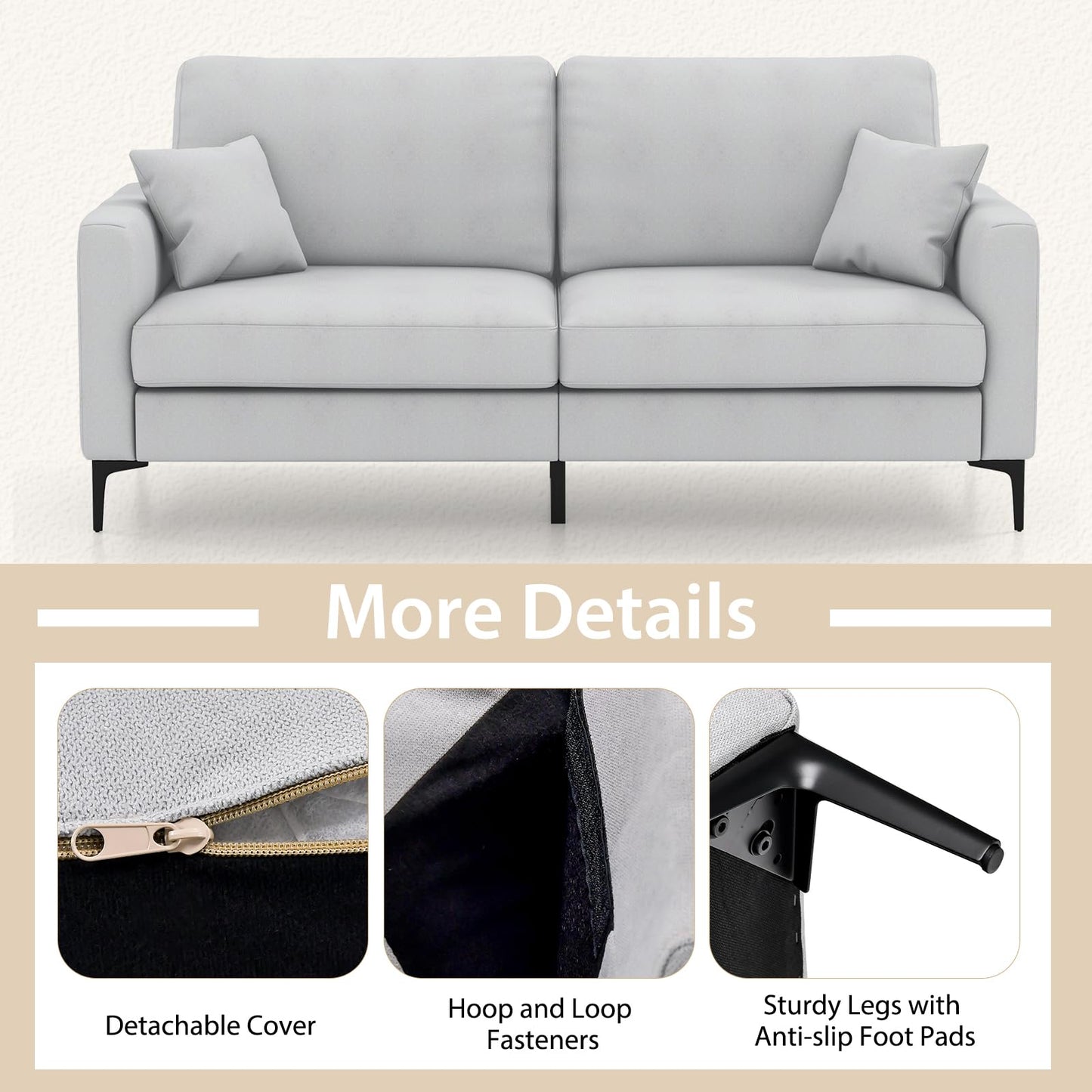 3 Seater Modern Upholstered Corner Sofa Couch with 2 Pillows and 6 Metal Legs