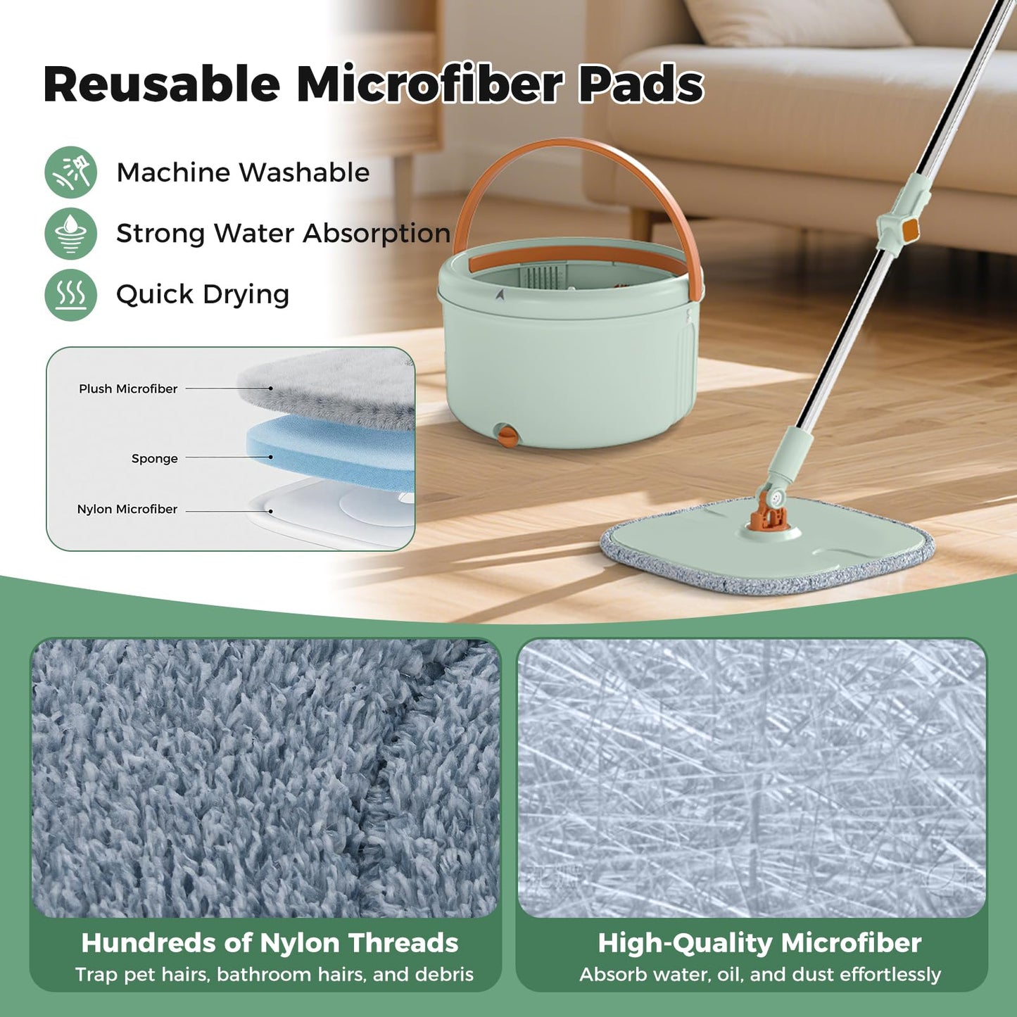 Flat Floor Mop and Bucket System with Washable Microfiber Pads