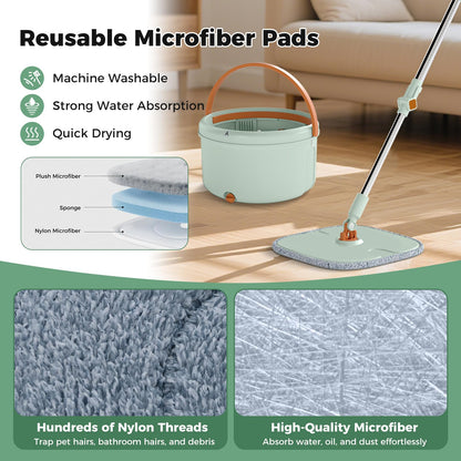 Flat Floor Mop and Bucket System with Washable Microfiber Pads