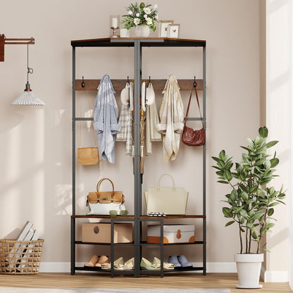 4-in-1 Freestanding Coat Rack with Storage Shelves Removable Hooks and Shoe Racks