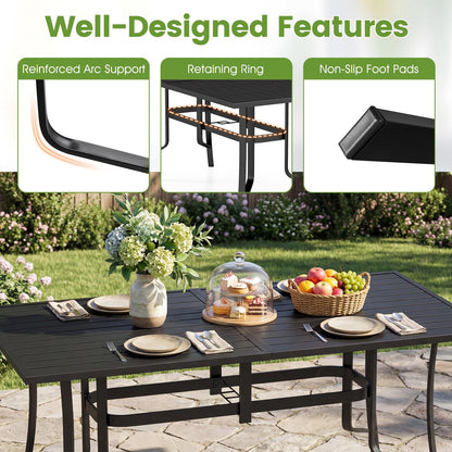 Patio Dining Table for 6 160CM Rectangle Metal Slat Table with Umbrella Hole
