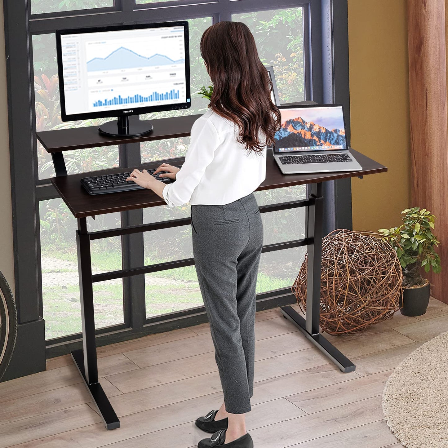 2-Tier Standing Desk with Adjustable Height and Crank Handle