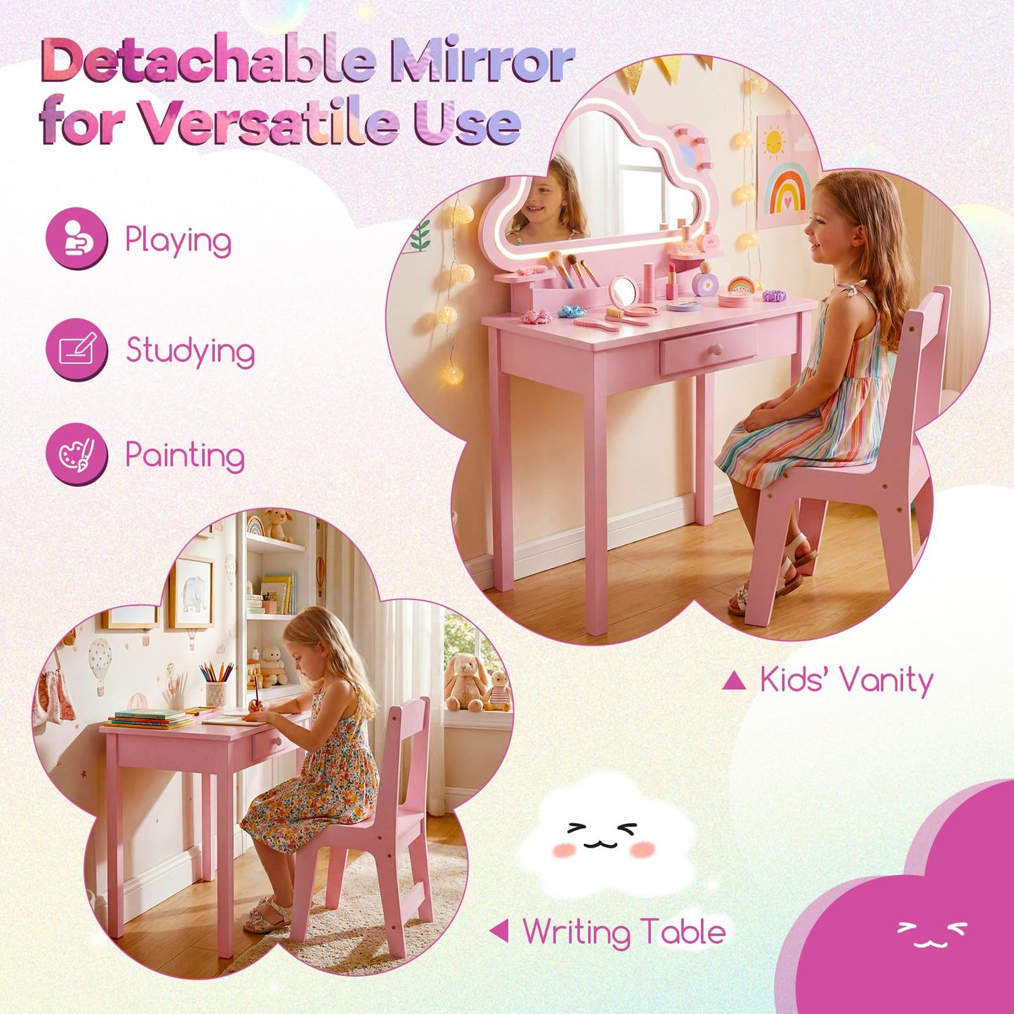 Kids Vanity Table and Chair Set, Children Dressing Table