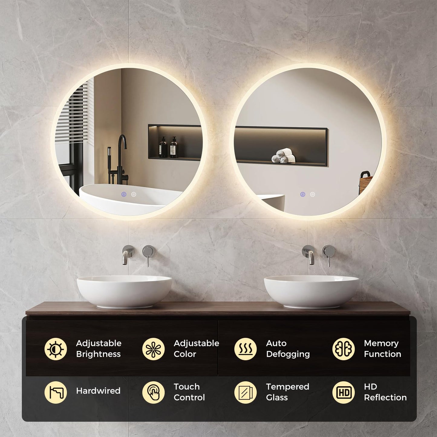 600mm/700mm Round Bathroom Mirror with LED Lights, Illuminated Backlit Wall Mounted Vanity Mirror with 3 Colors