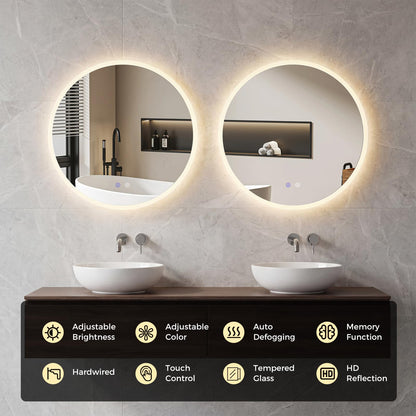 600mm/700mm Round Bathroom Mirror with LED Lights, Illuminated Backlit Wall Mounted Vanity Mirror with 3 Colors