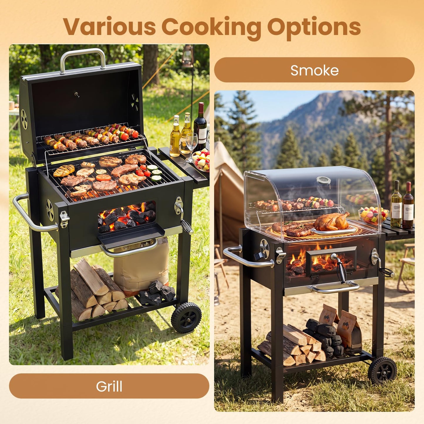 Charcoal Grill with Wheels Portable BBQ Grill with Adjustable Charcoal Tray
