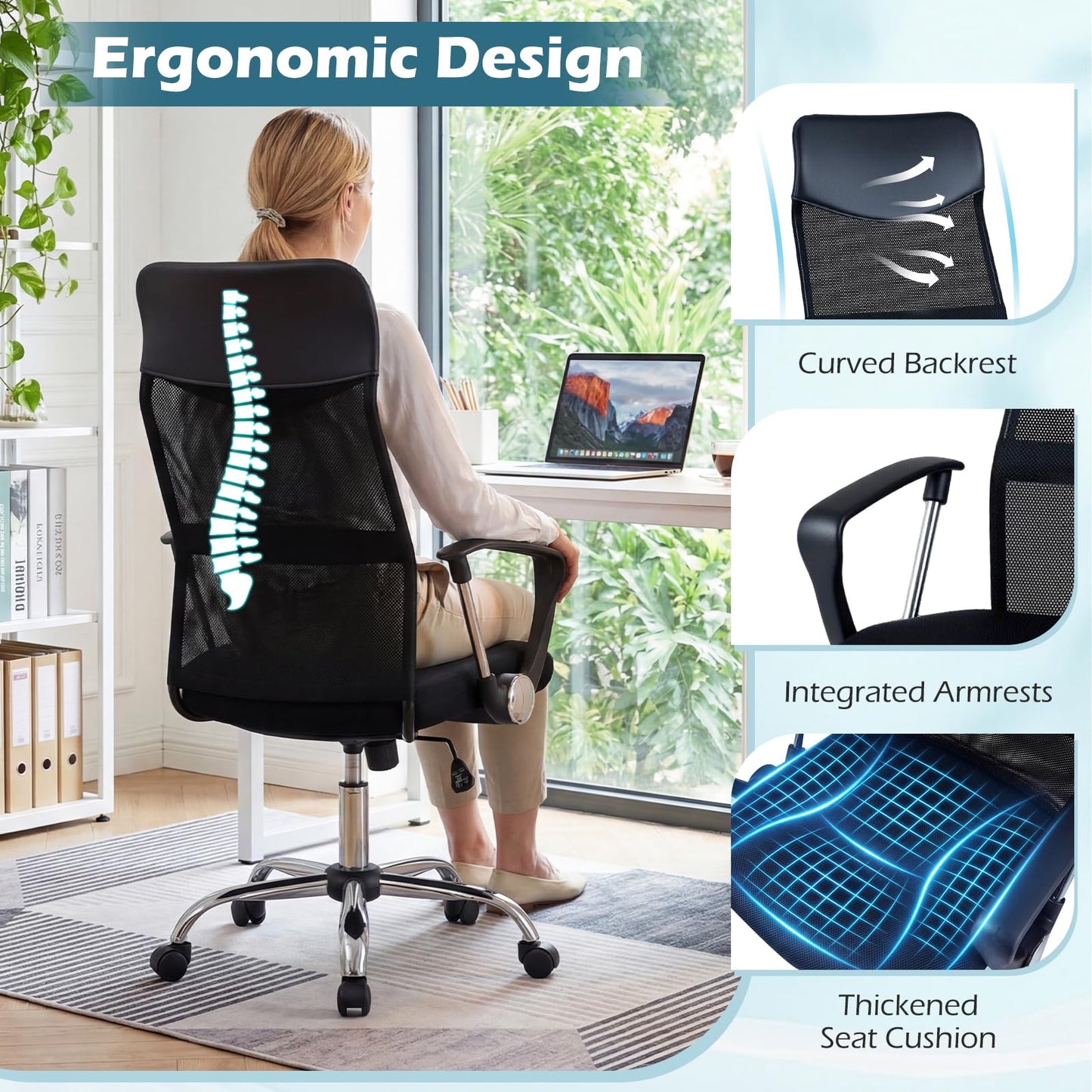 Mesh Office Chair, Height Adjustable Ergonomic Computer Desk Chairs with Casters