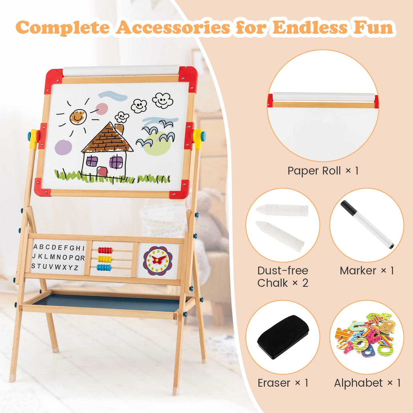 3-in-1 Freestanding Kids Art Easel with Double-sided Drawing Board