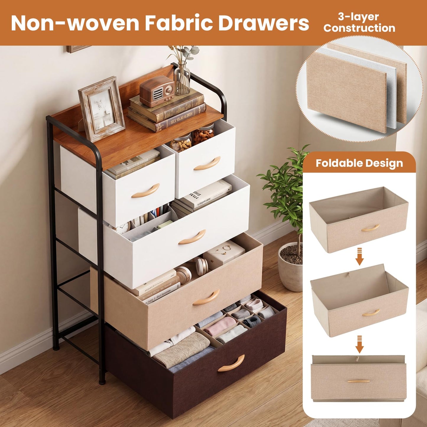 5-Drawer Tall Narrow Fabric Dresser with Removable Fabric Bins