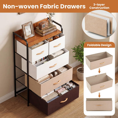 5-Drawer Tall Narrow Fabric Dresser with Removable Fabric Bins
