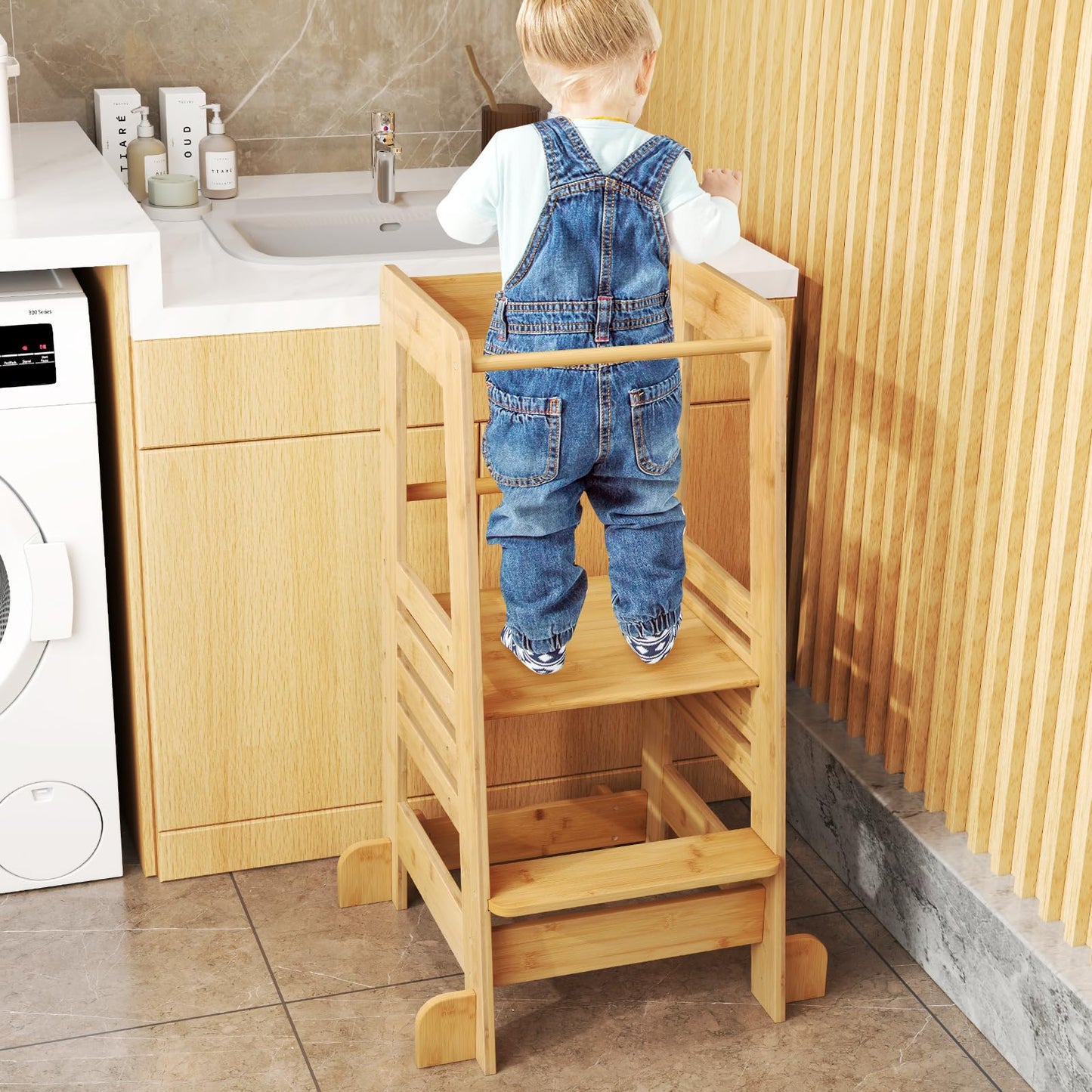 Bamboo Kids Step Stool with Height Adjustable Platform and Safety Rail