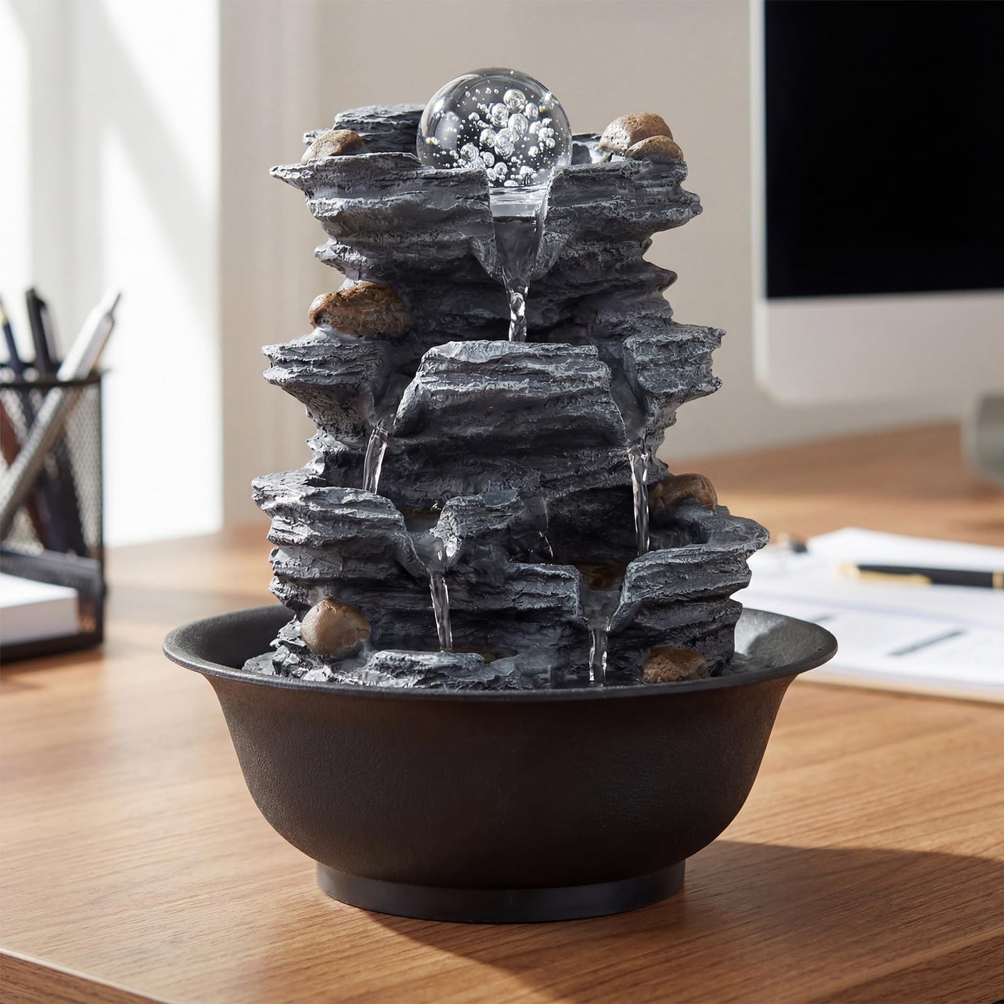 Indoor Water Fountain, Tabletop Indoor Water Feature with Rolling Crystal Ball