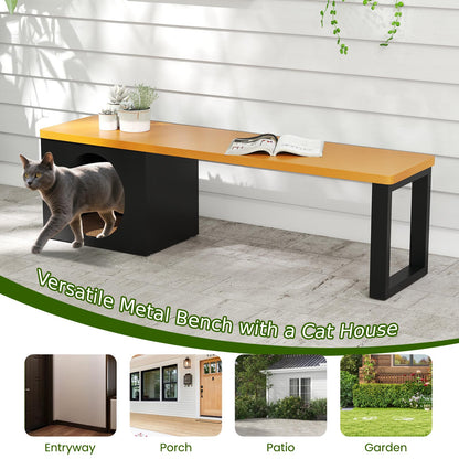150 CM 3-Person Long Outdoor Metal Bench with Cat House and Scratching Pad