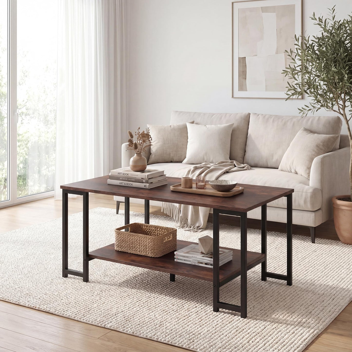 2-Tier Coffee Table Modern Accent Table with Open Storage Shelf Center Table