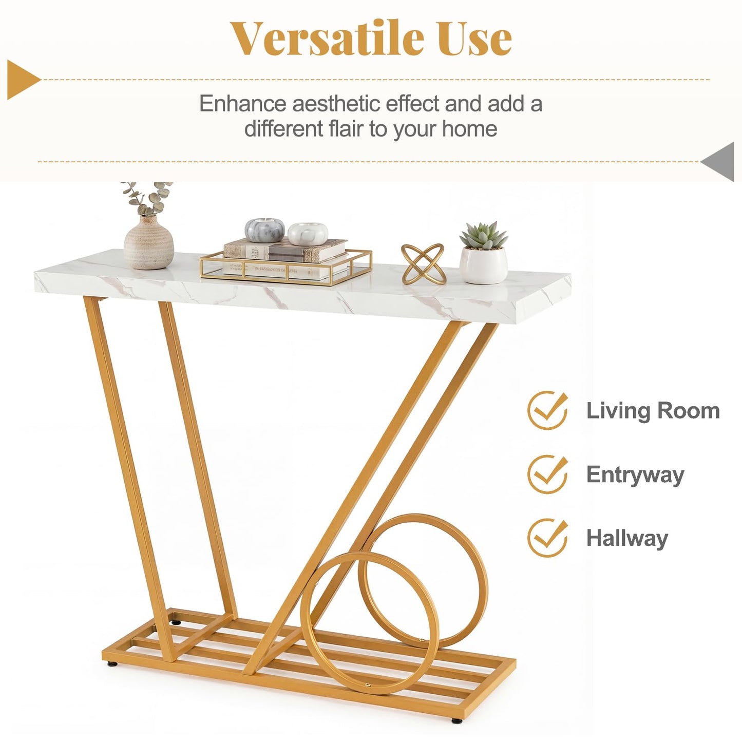 Console Table, 100cm Faux Marble Slim Entryway Table Hall Desk