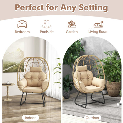 Oversized Standing Rattan Garden Egg Chair with Thick Cushions and Headrest