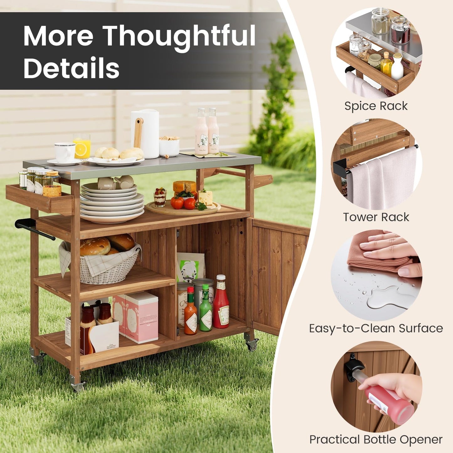 Wooden Grill Cart with Storage Outdoor Kitchen Island with Stainless Steel Top