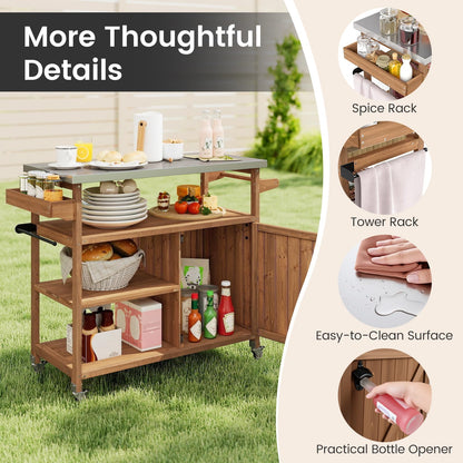 Wooden Grill Cart with Storage Outdoor Kitchen Island with Stainless Steel Top