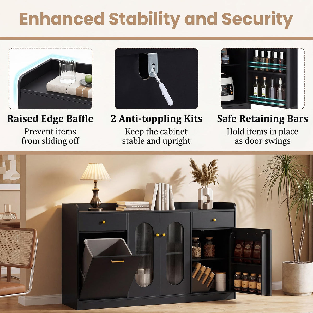 140cm Buffet Sideboard, Tilt Out Trash Can Cabinet with Glass Doors