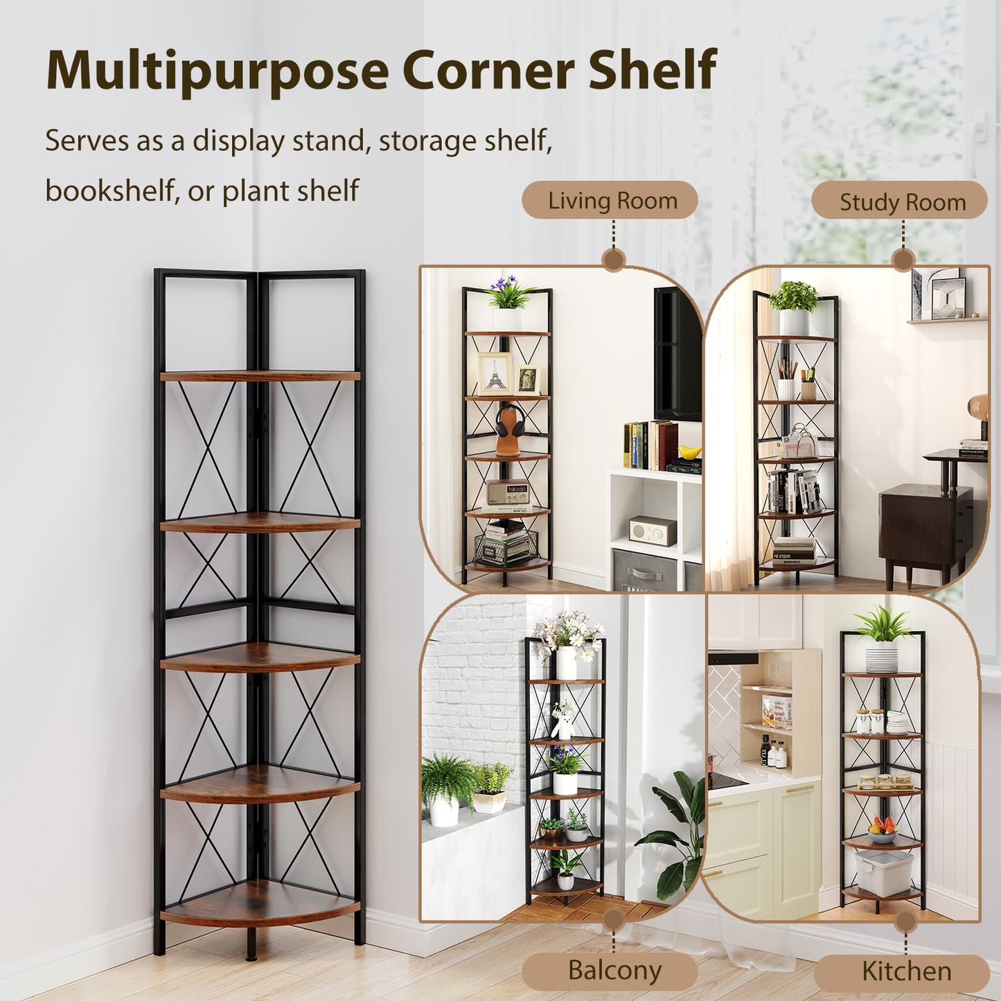 160 CM 5 tier Corner Bookshelf with Metal Frame X-shaped Brackets
