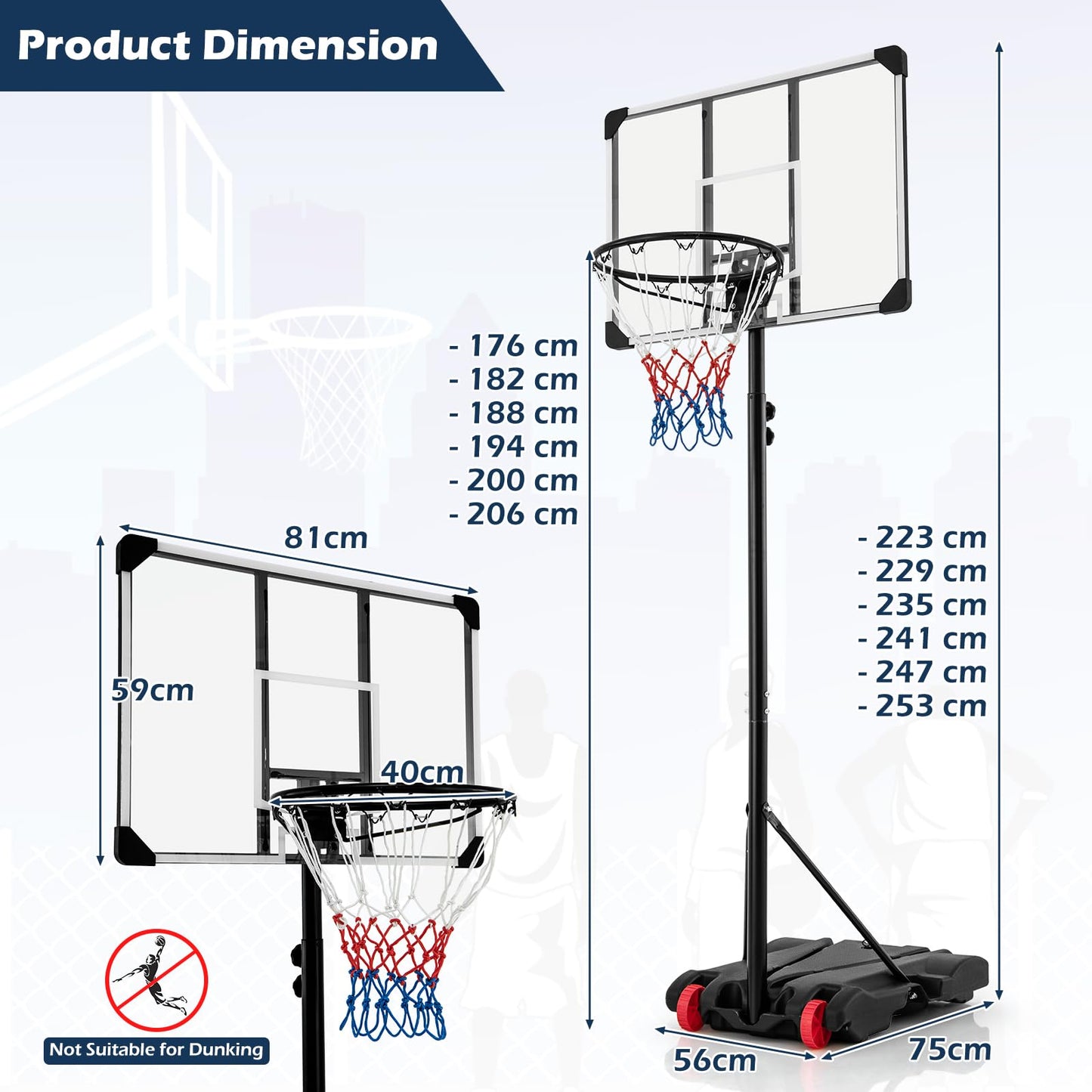 223-253 cm Portable Basketball Hoop with Front Wheels and Fillable Base