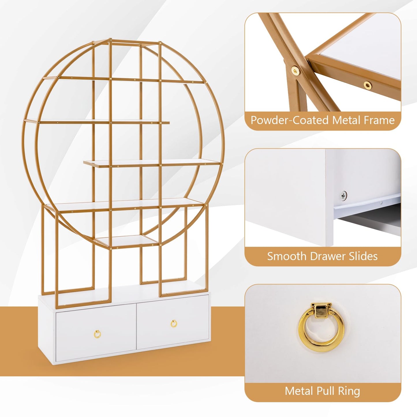 6-Tier Gold Bookshelf with 2 Storage Drawers Staggered Shelves