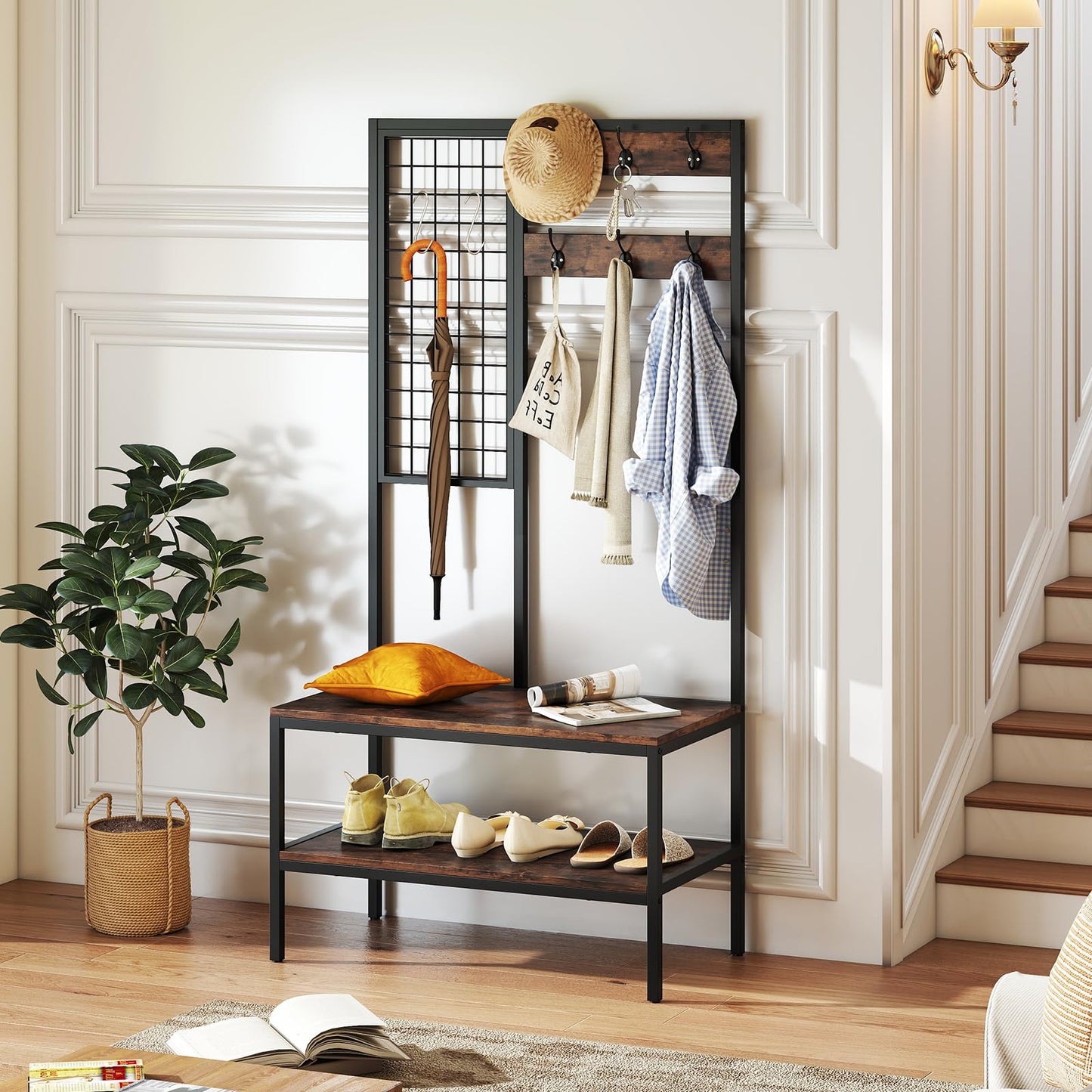 Freestanding Coat Rack with Shoe Storage Bench & Wall Grid Panel