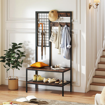 Freestanding Coat Rack with Shoe Storage Bench & Wall Grid Panel