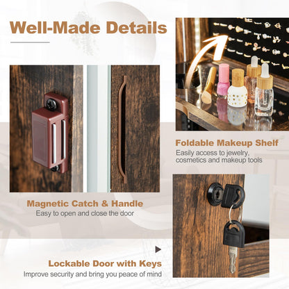 360° Swivel Jewelry Cabinet with LED Lights, Foldable Shelf