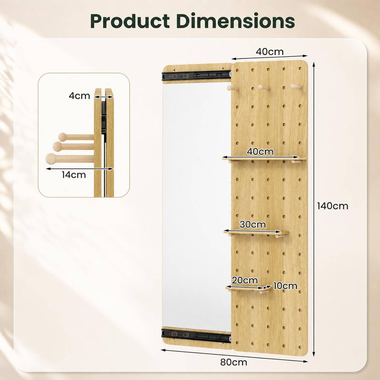 Wall Mounted Full Body Mirror with Sliding Pegboard Storage