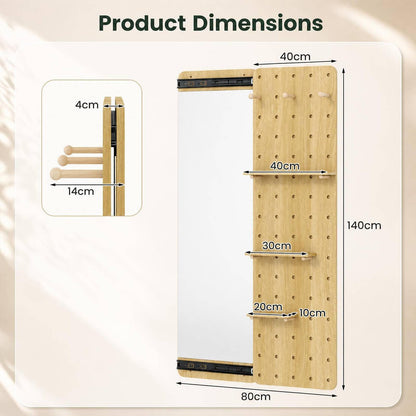 Wall Mounted Full Body Mirror with Sliding Pegboard Storage