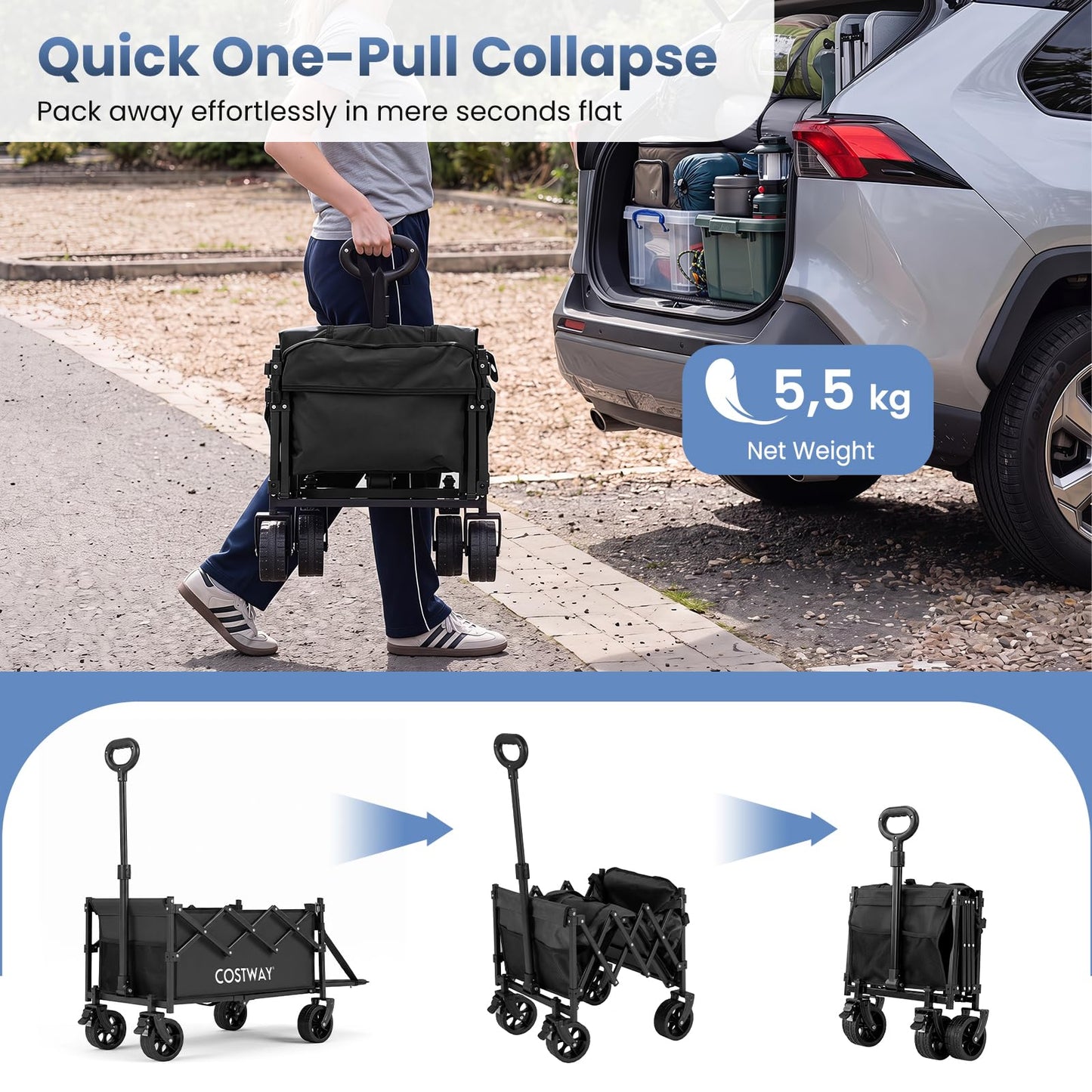 63-92L Folding Trolley Cart, 150kg Load, Adjustable Handle