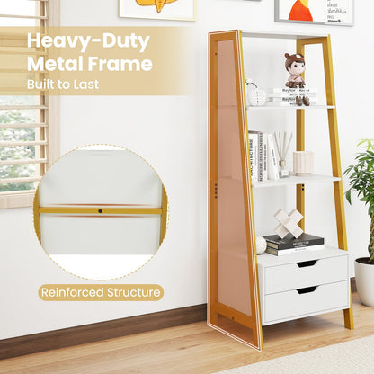 Ladder Bookshelf with Storage with 4 Open Shelves and 2 Drawers