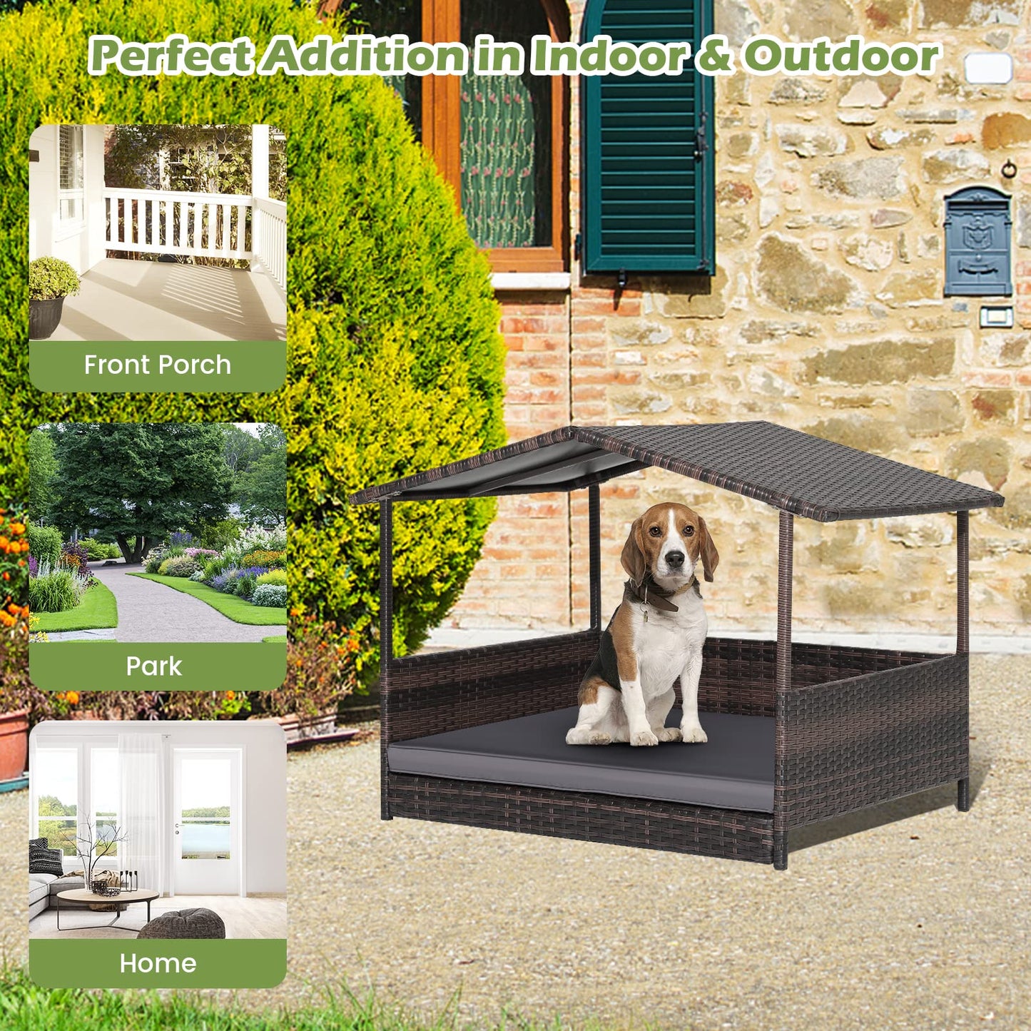 Wicker Dog House with Roof and Removable Cushion for Living Room Yard