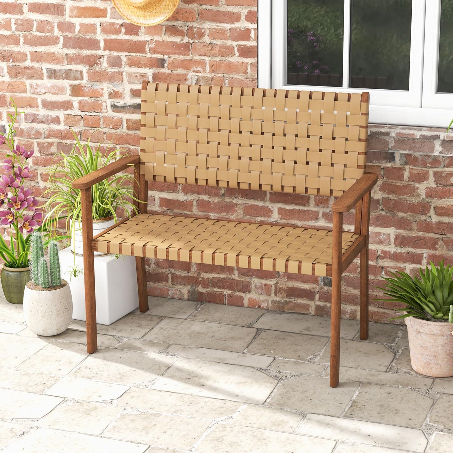 Outdoor All Weather Bench with Solid Rubber Wood Frame and Hand Woven PU Leather
