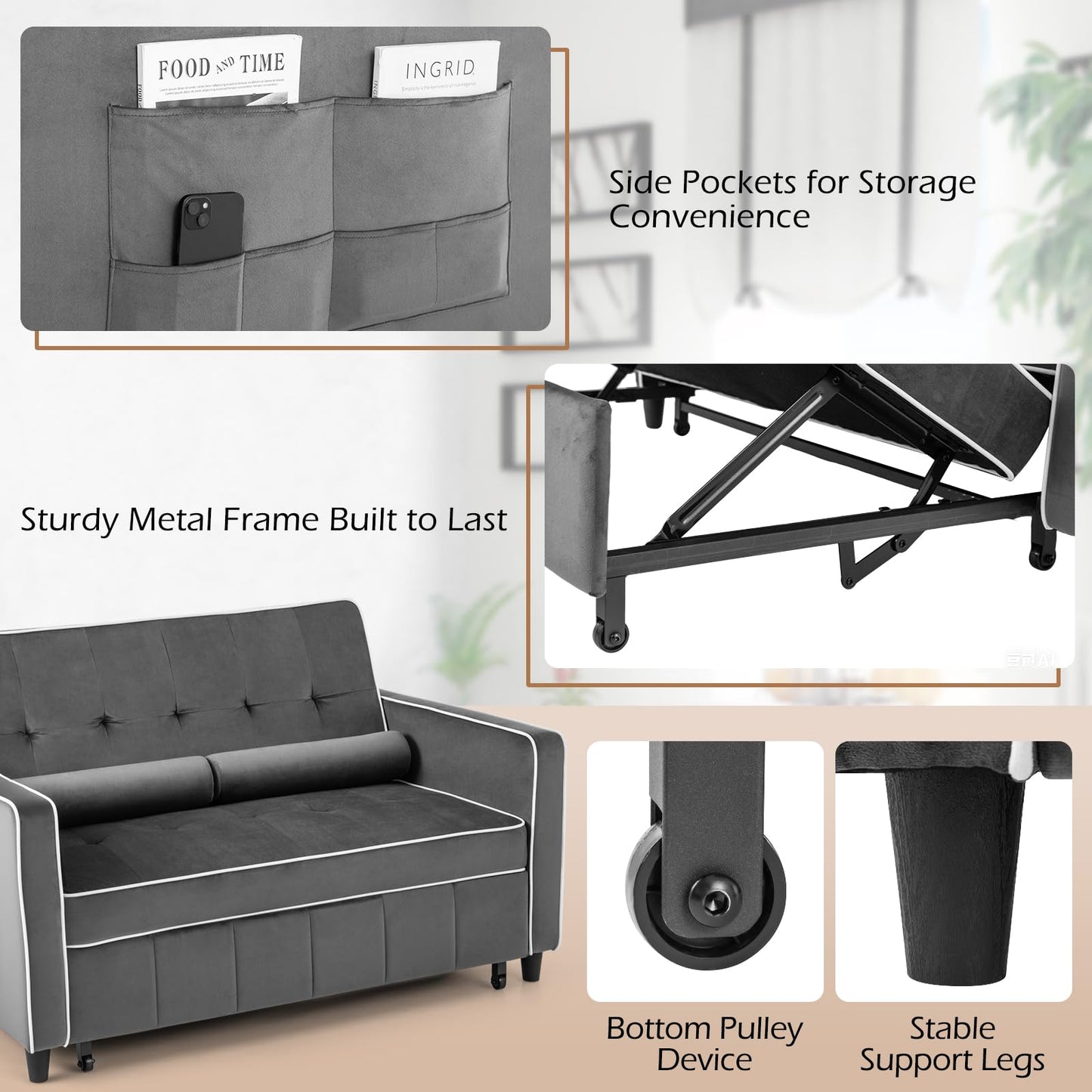 2-Seater Convertible Pull Out Sofa Bed with Adjustable Backrest and Pillows
