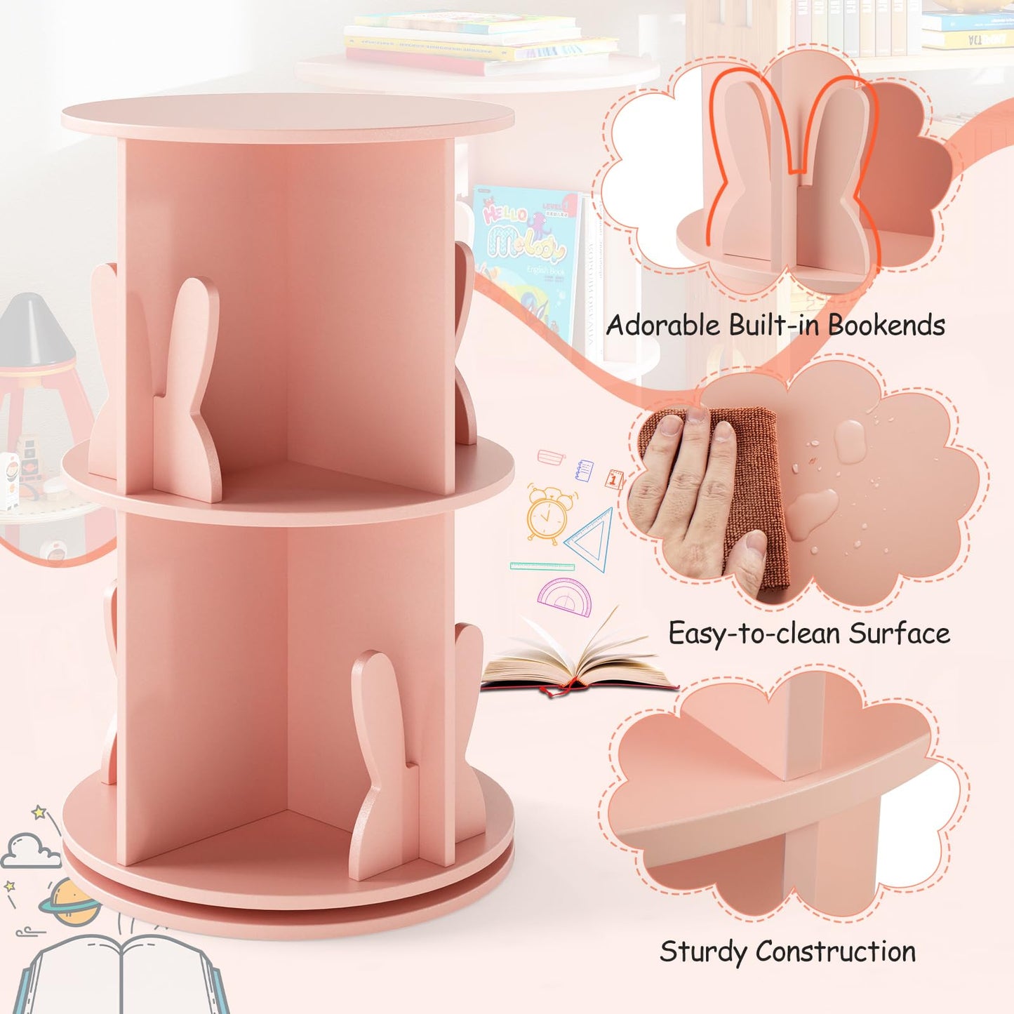 3 Tier 360° Rotating Bookcase with Bookends