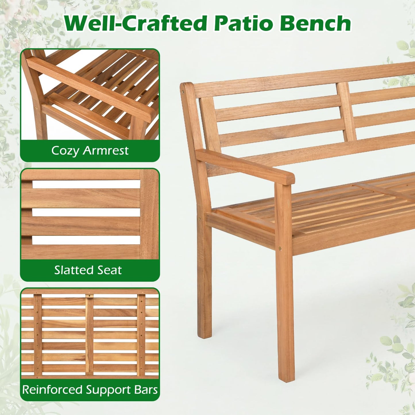119 cm 2-Person Outdoor Loveseat Bench with Armrests and Backrest for Backyard