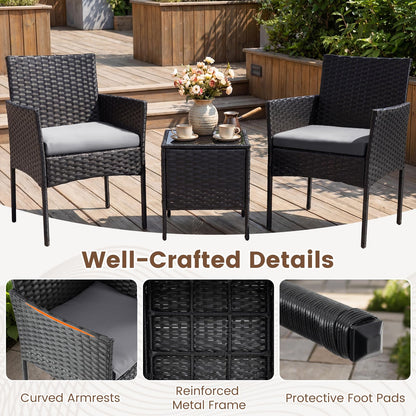 3-Piece Patio Bistro Set, PE Rattan Furniture Set with Soft Cushions & Tempered Glass Top Table
