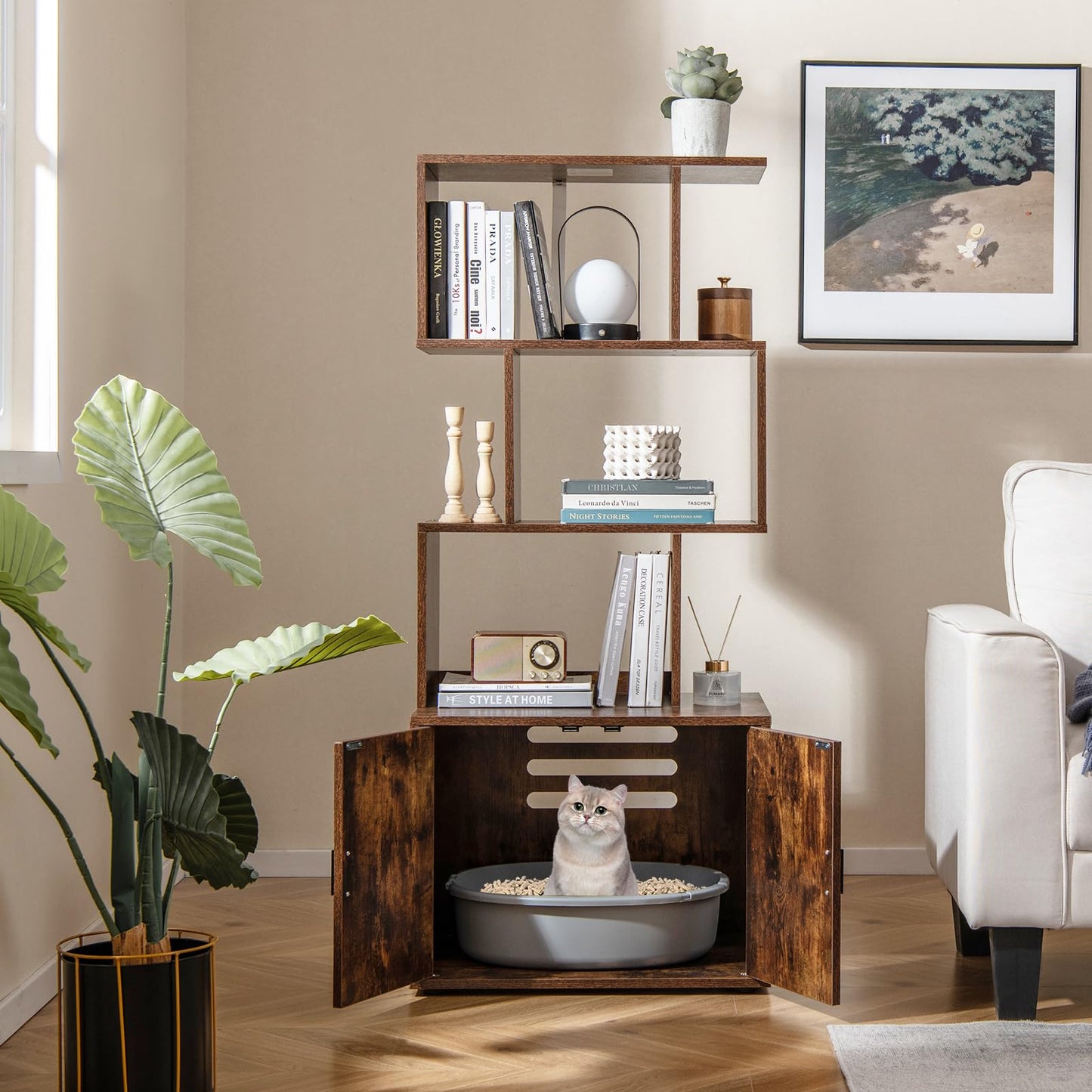 2 in 1 Hidden Cats Washroom Furniture with 3 Storage Shelves